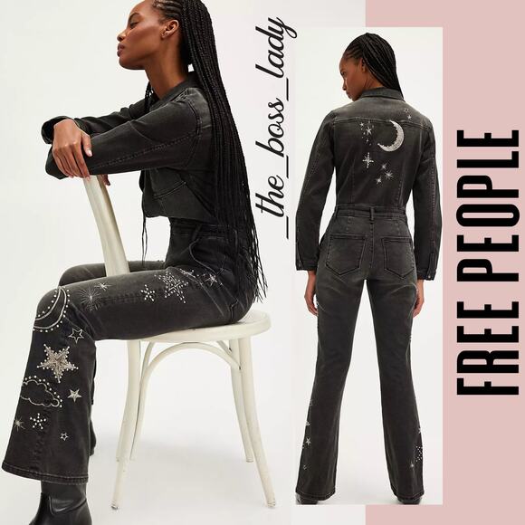 Free People x Driftwood jumpsuit denim one piece onesie embroidered Large - Picture 3 of 10
